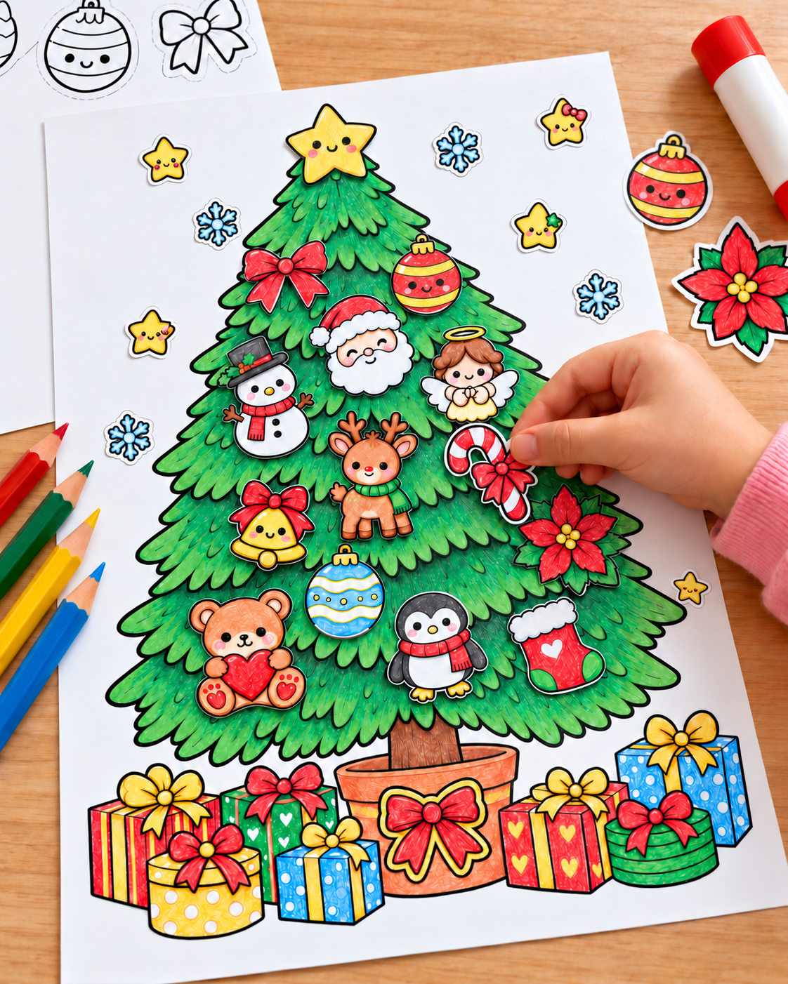 Mão de uma criança colando um enfeite colorido na árvore de Natal que ela mesma pintou