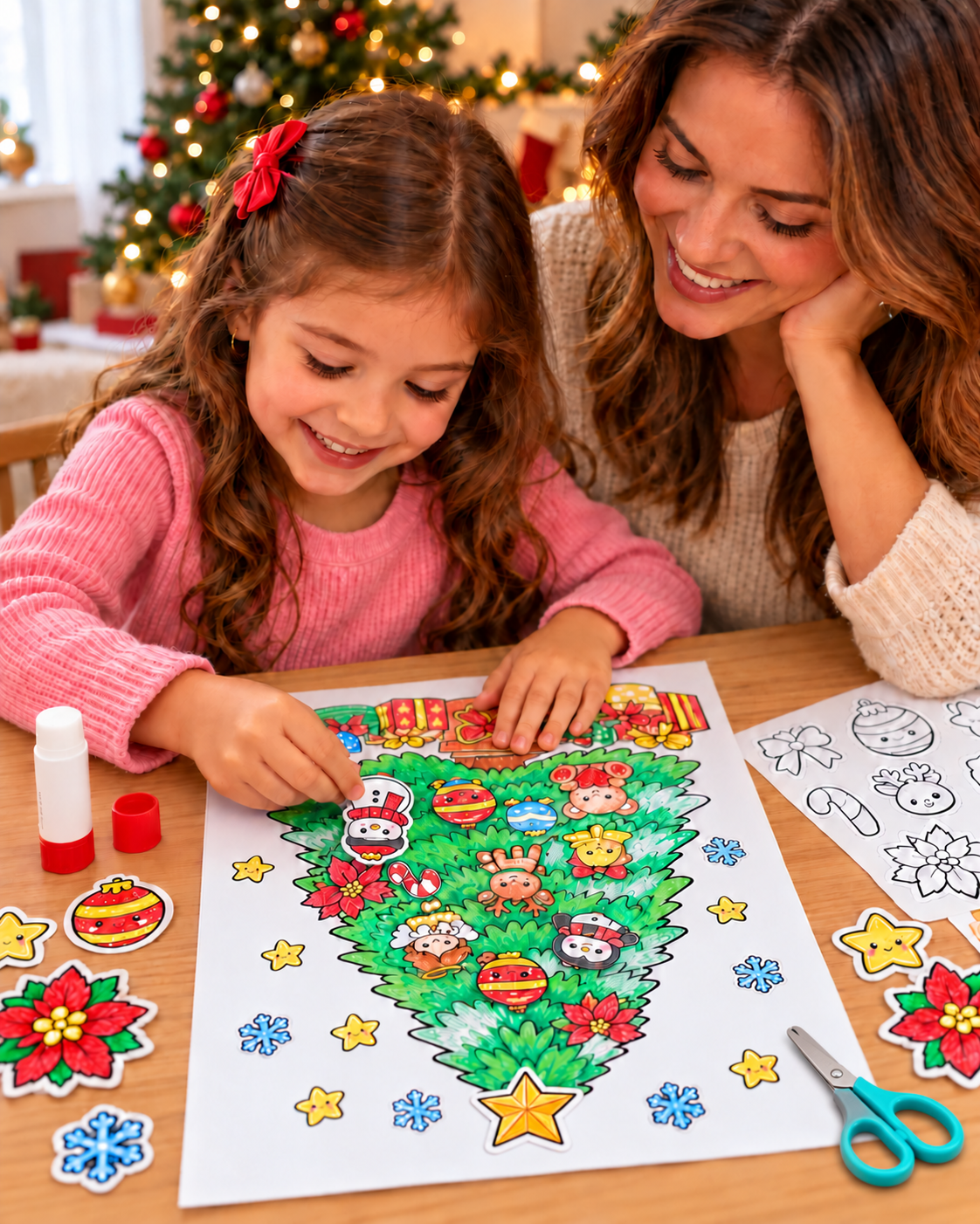 Mãe observando a filha colar um boneco de neve recortado na árvore de Natal que ela mesma pintou, à mesa, com um Natal aceso ao fundo