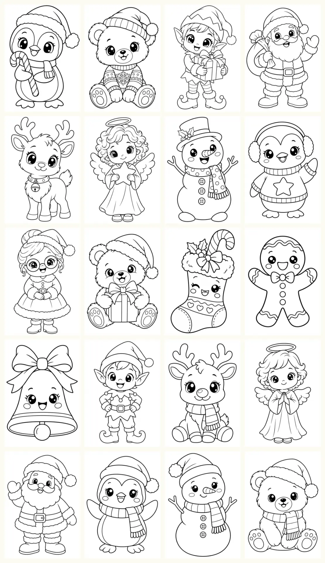 Folha A4 com vinte personagens de Natal em preto e branco para colorir, como pinguins, ursos, duendes, renas e bonecos de neve