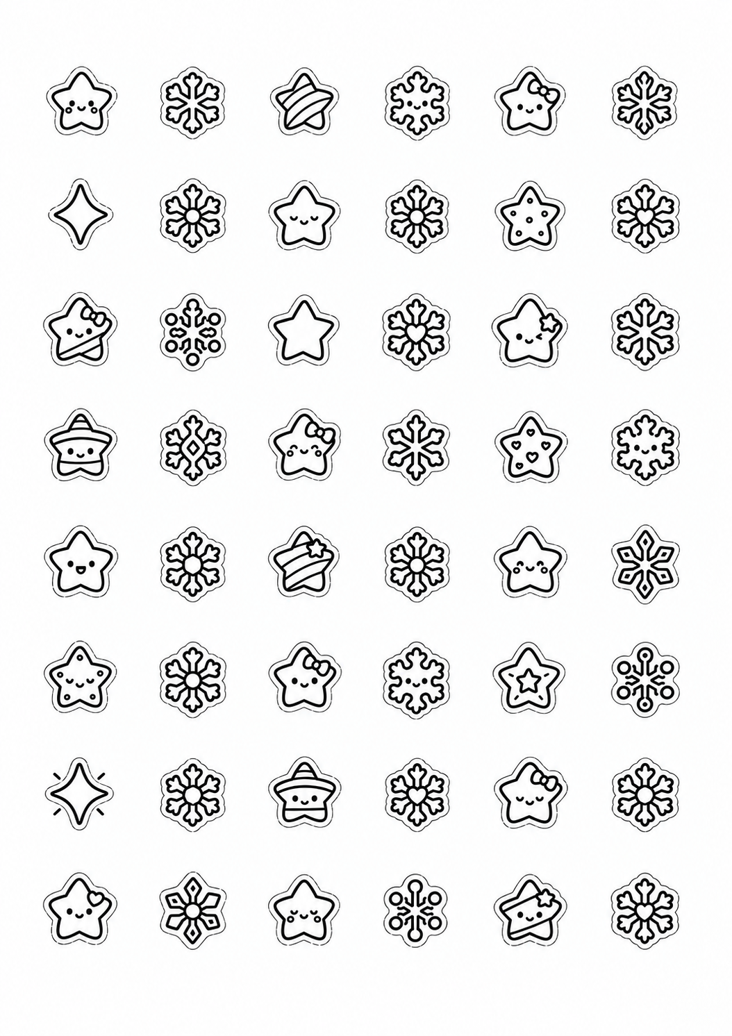 Só estrelas e flocos: cartela de enfeites de Natal em preto e branco para colorir e recortar