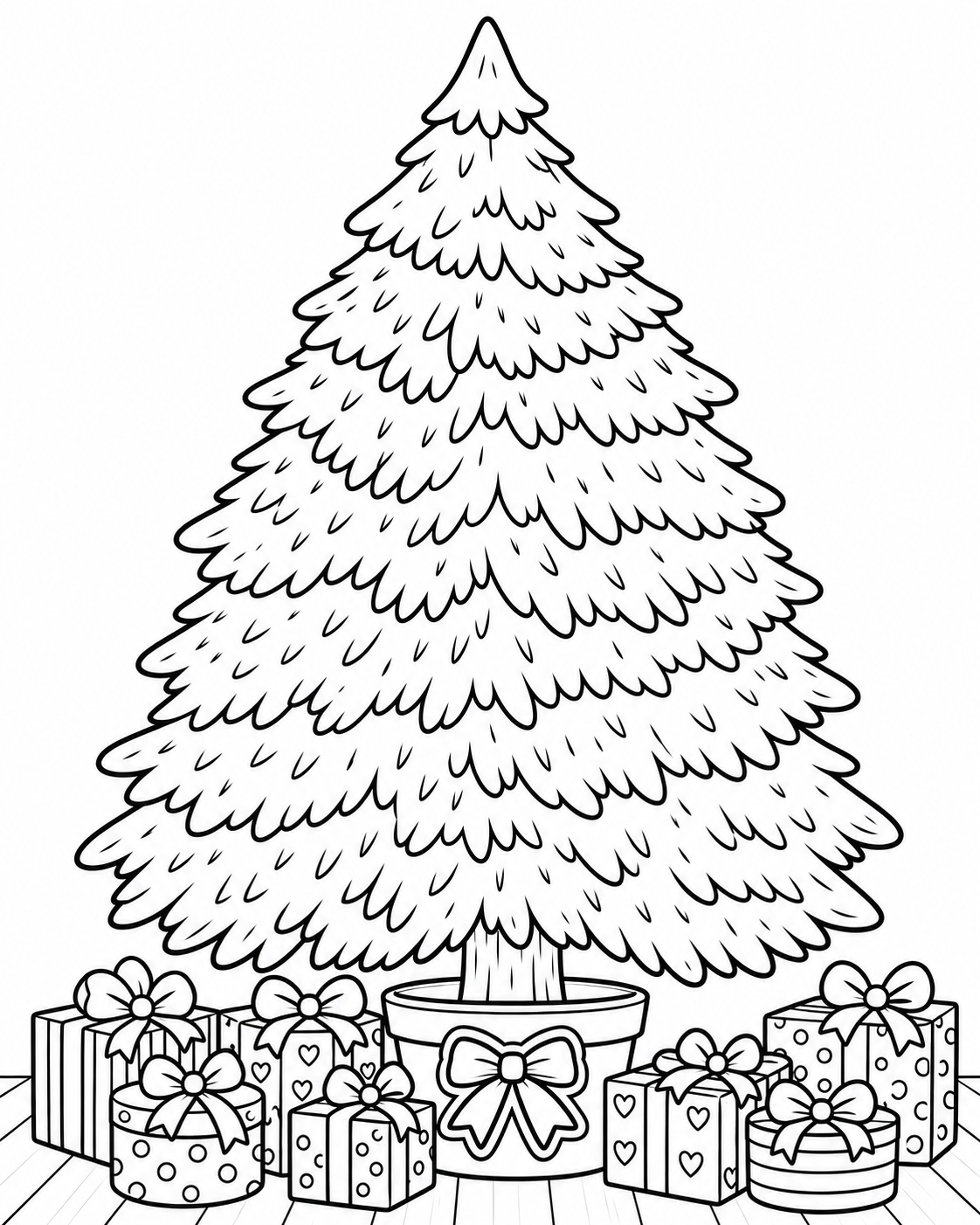 A árvore de camadas e laço: árvore de Natal em preto e branco para colorir