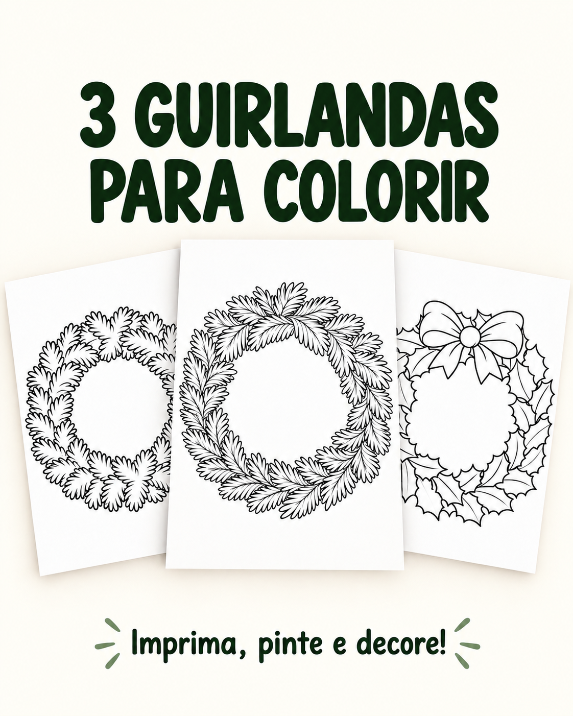 Três folhas A4 com guirlandas de Natal em preto e branco para colorir