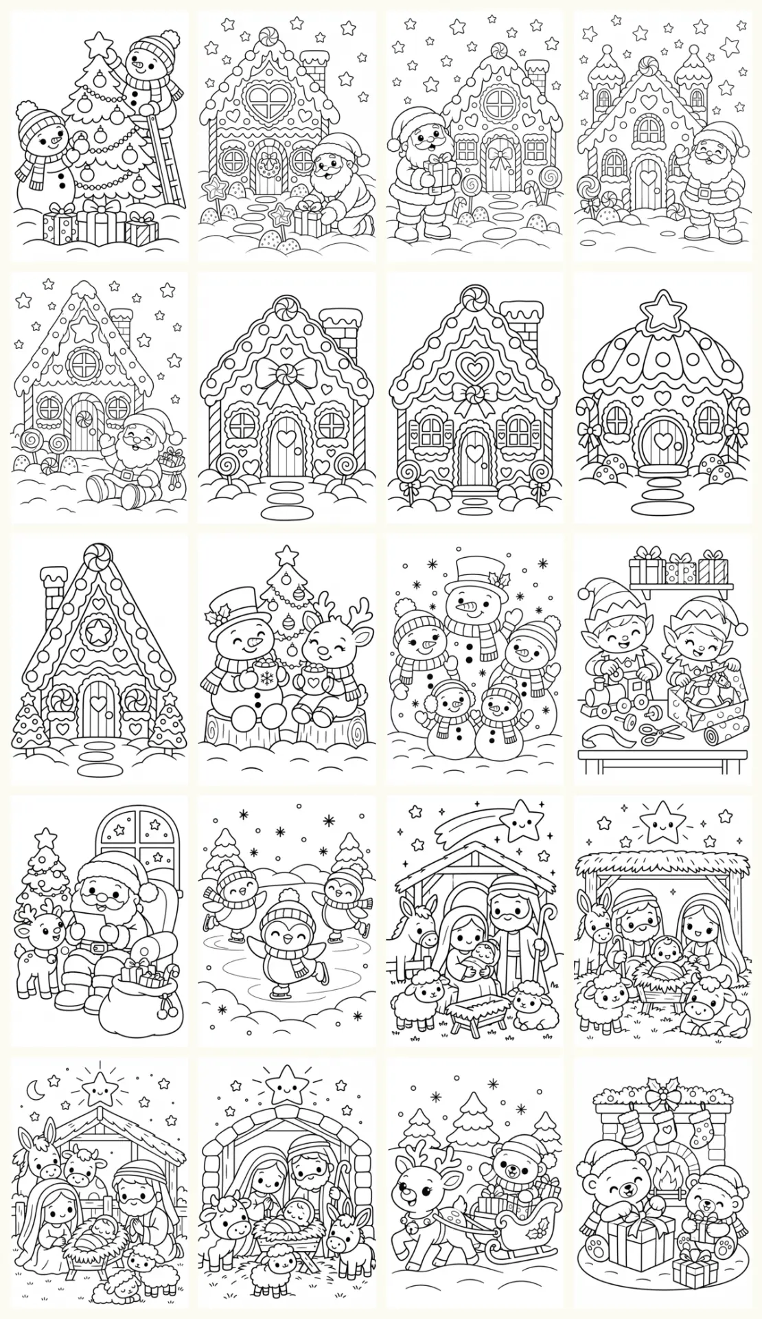 Folha A4 com vinte cenas de Natal em preto e branco para colorir, com presépios, casas de doces, bonecos de neve e ursos