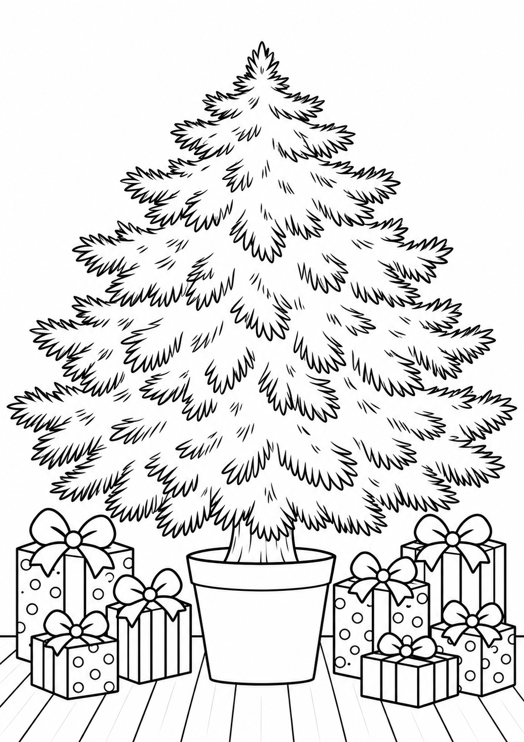 A árvore de ramos cheios: árvore de Natal em preto e branco para colorir
