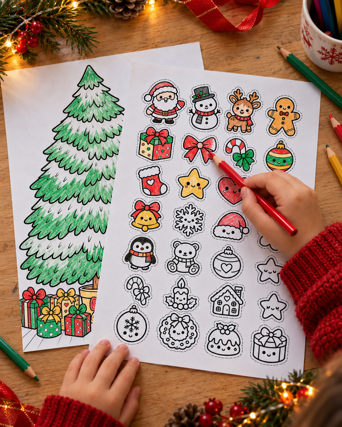 Mãos de uma criança pintando os enfeites de Natal com lápis de cor, sobre a mesa com a árvore e as cartelas
